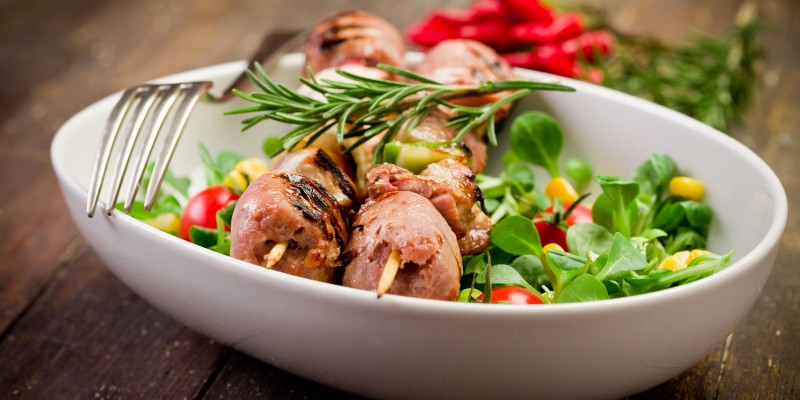 Meat Skewers on wooden table